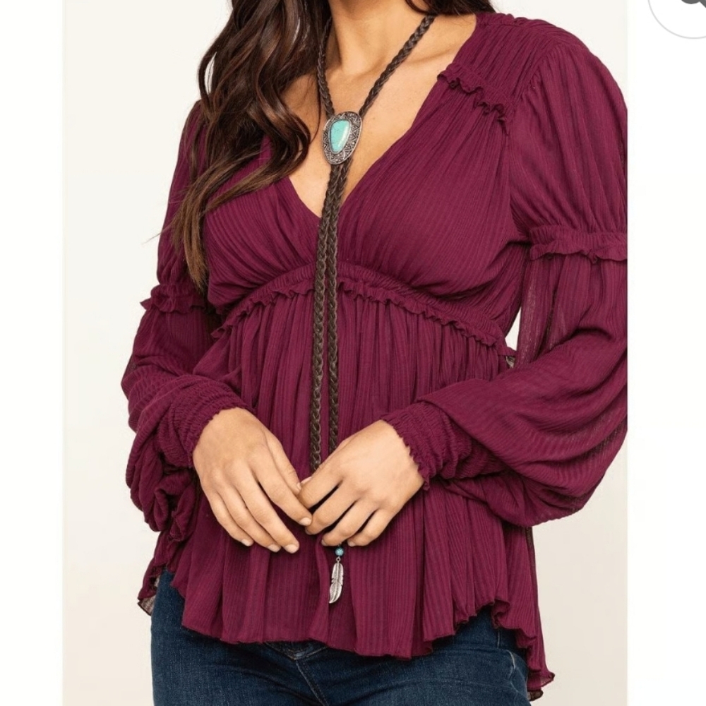Free People Daydreaming Smocked Top Plum Purple Blouse M